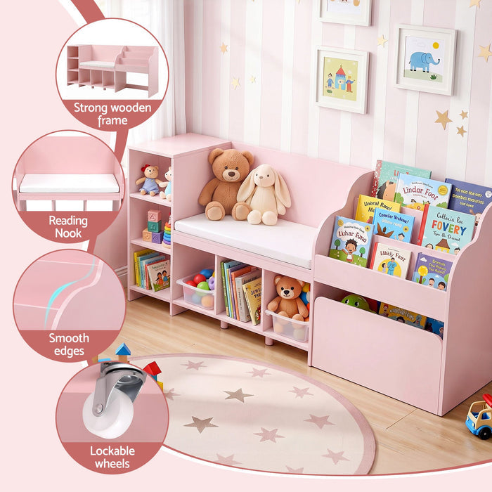 Keezi Kids Storage Unit Bookshelf Toy Box Organiser Bench Seat Cabinet Pink