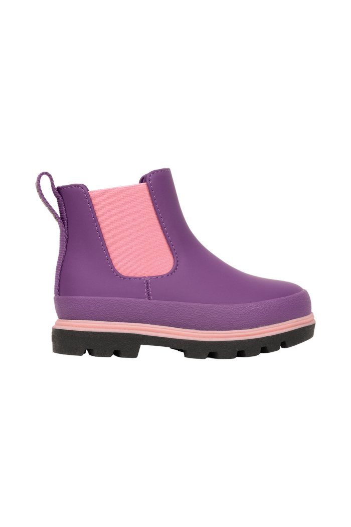 Side view of a Native Shoes Kids Kensington Chelsea Kids Footwear in Orcprp/Jfyblk/Parapnk