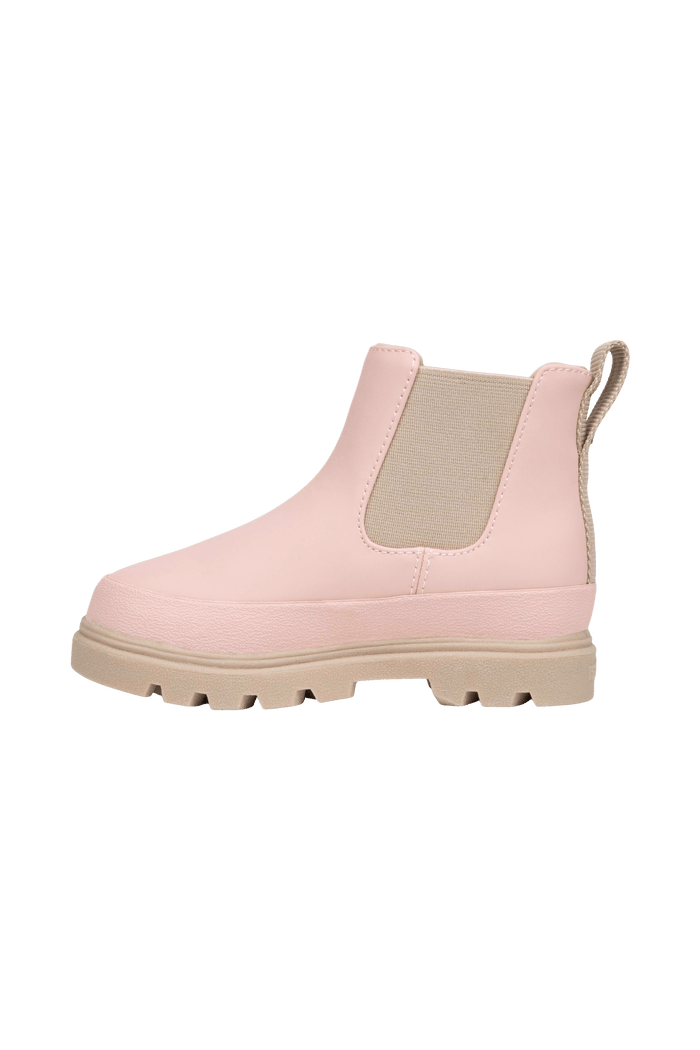 Angled view of a Native Shoes Kids Kensington Chelsea Kids | Chameleon Pink / Flax Tan Footwear in Chameleon Pink / Flax Tan