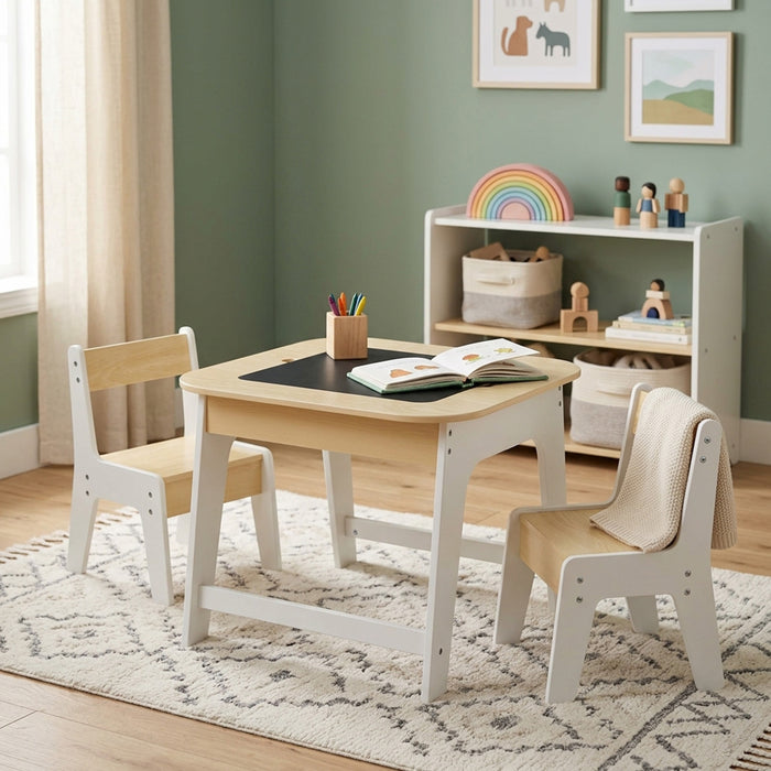 Kids Table and Chairs Set Double Sided Tabletop Hidden Storage Furniture