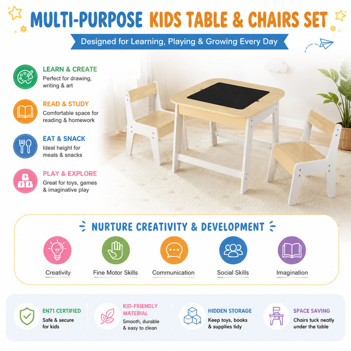 Kids Table and Chairs Set Double Sided Tabletop Hidden Storage Furniture