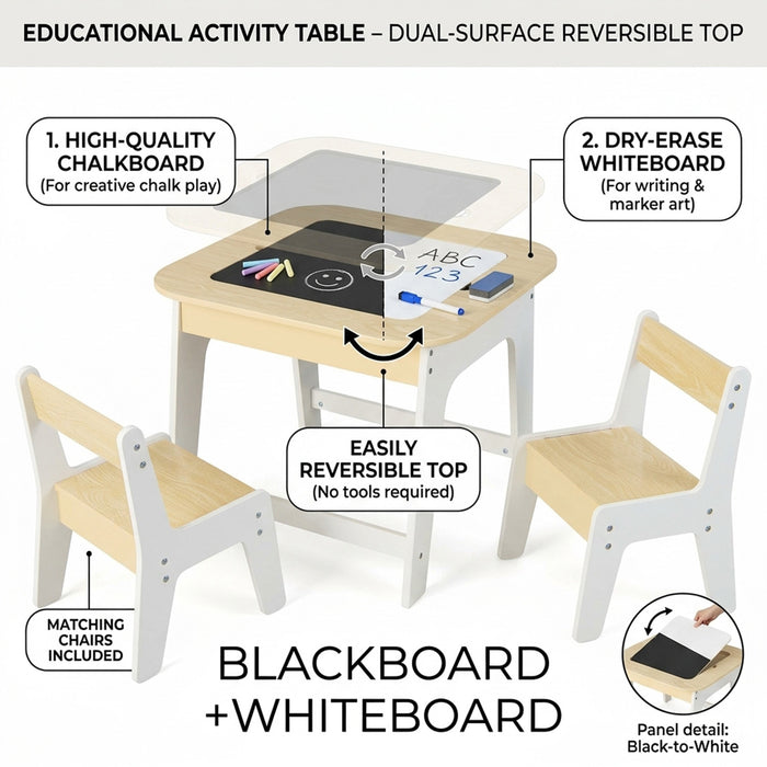 Kids Table and Chairs Set Double Sided Tabletop Hidden Storage Furniture