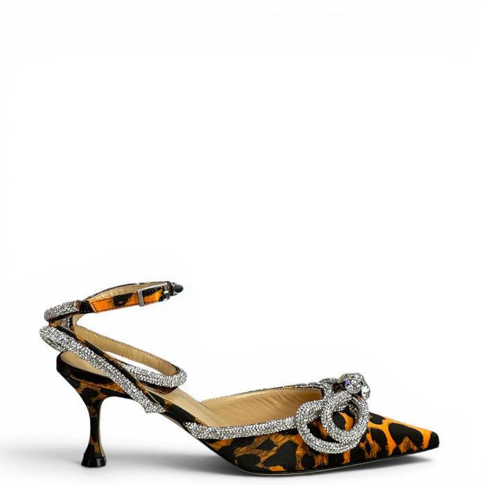 Mach & Mach Double Crystal Bow Pumps Orange Leopard Print Size EU 36