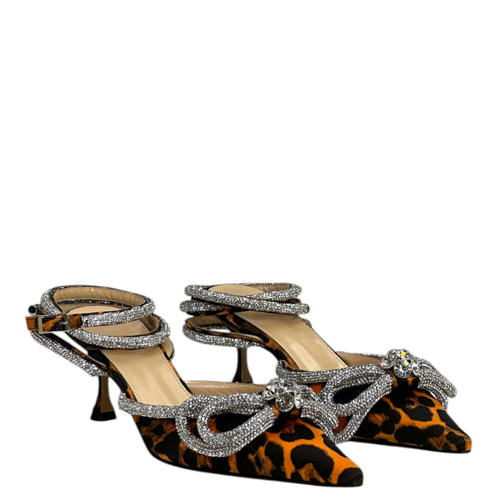 Mach & Mach Double Crystal Bow Pumps Orange Leopard Print Size EU 36