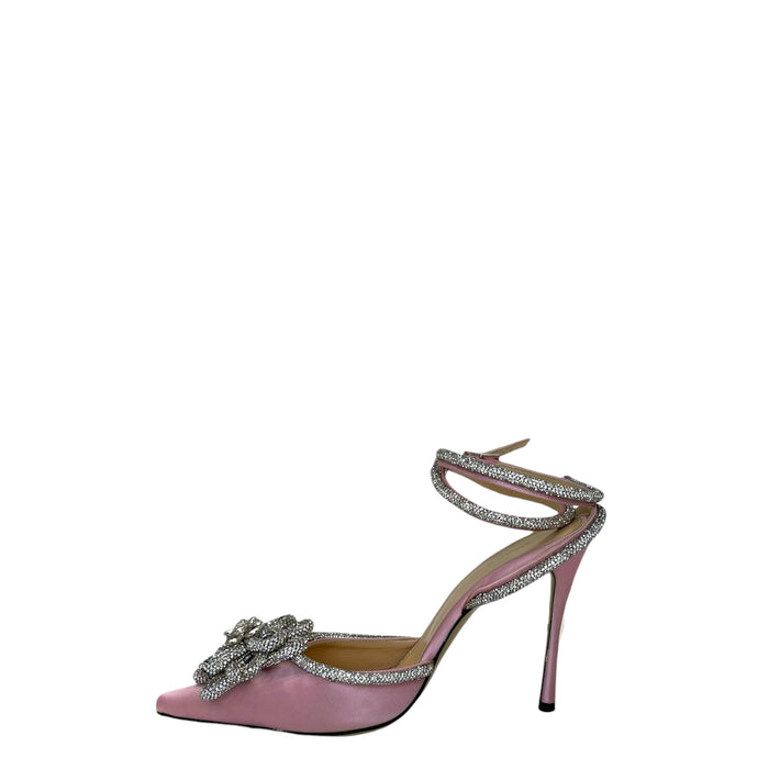 Mach & Mach Pink Satin Crystal-Embellished Double Bow Pumps EU 38