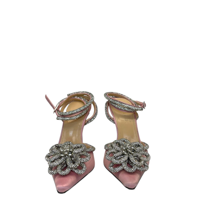 Mach & Mach Pink Satin Crystal-Embellished Double Bow Pumps EU 38