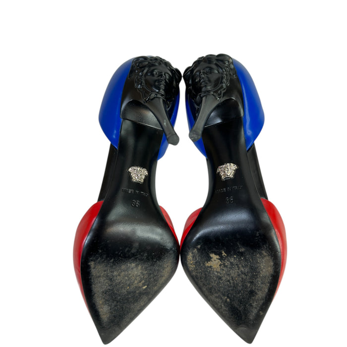 Versace Medusa Heel Pumps Blue & Red Leather Size EU 36