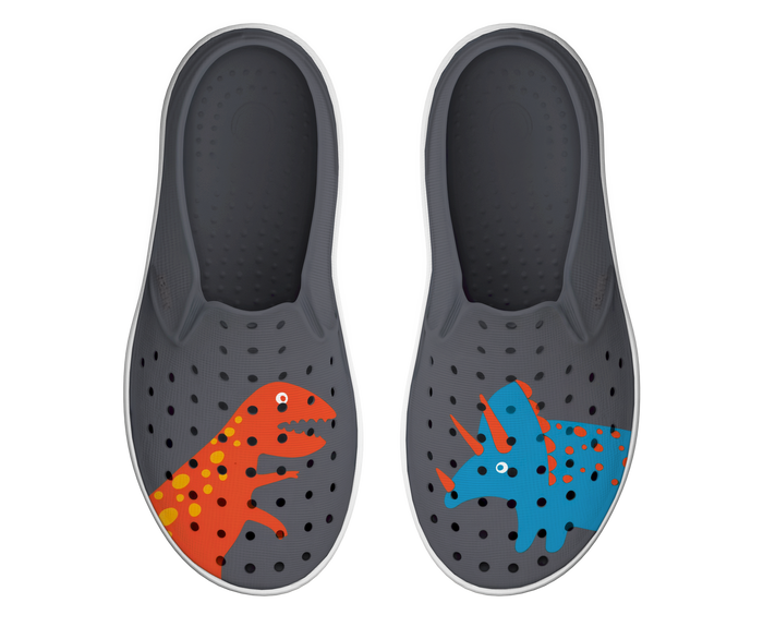Side view of a Native Shoes Kids Miles Block Kids Footwear in Gravity Grey / Shell White / Dinosaur Block