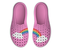 Side view of a Native Shoes Kids Miles Block Kids Footwear in Malibu Pink / Shell White / Rainbow Block