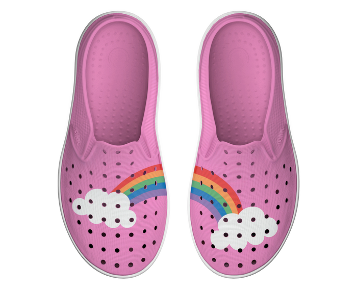 Side view of a Native Shoes Kids Miles Block Kids Footwear in Malibu Pink / Shell White / Rainbow Block