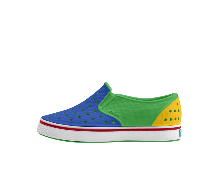 Side view of a Native Shoes Kids Miles Block Kids Footwear in Hilly Green / Shell White / Uv Freesia Block