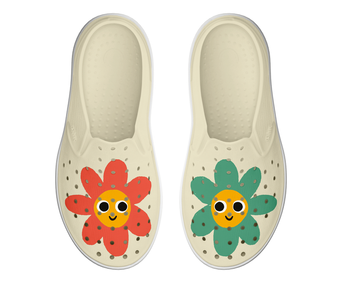Side view of a Native Shoes Kids Miles Block Kids Footwear in Bone White / Shell White / Happy Flower Block