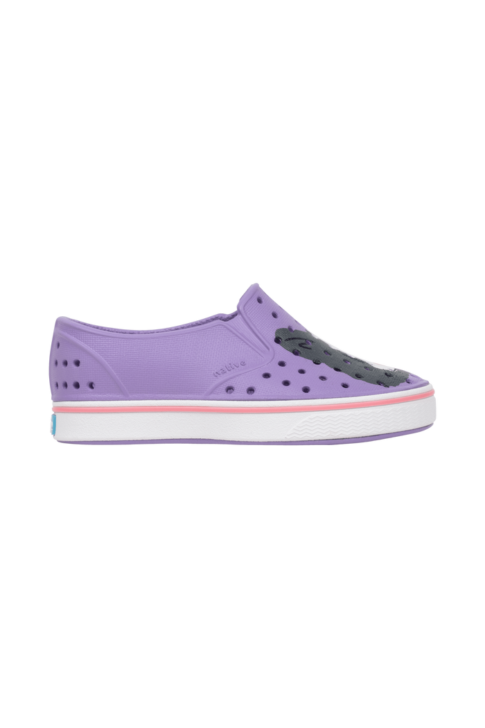Side view of a Native Shoes Kids Miles Block Kids Footwear in Taro Samba Bling / Shell White