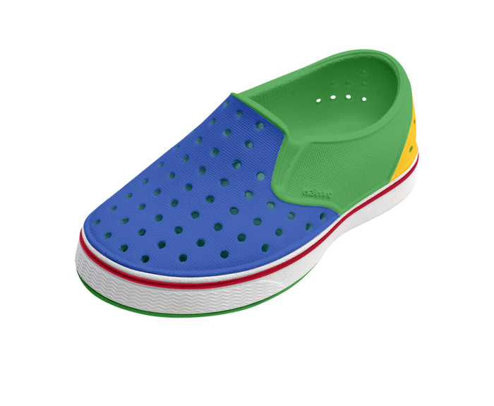 Angled view of a Native Shoes Kids Miles Block Kids | Hilly Green / Shell White / Uv Freesia Block Footwear in Hilly Green / Shell White / Uv Freesia Block