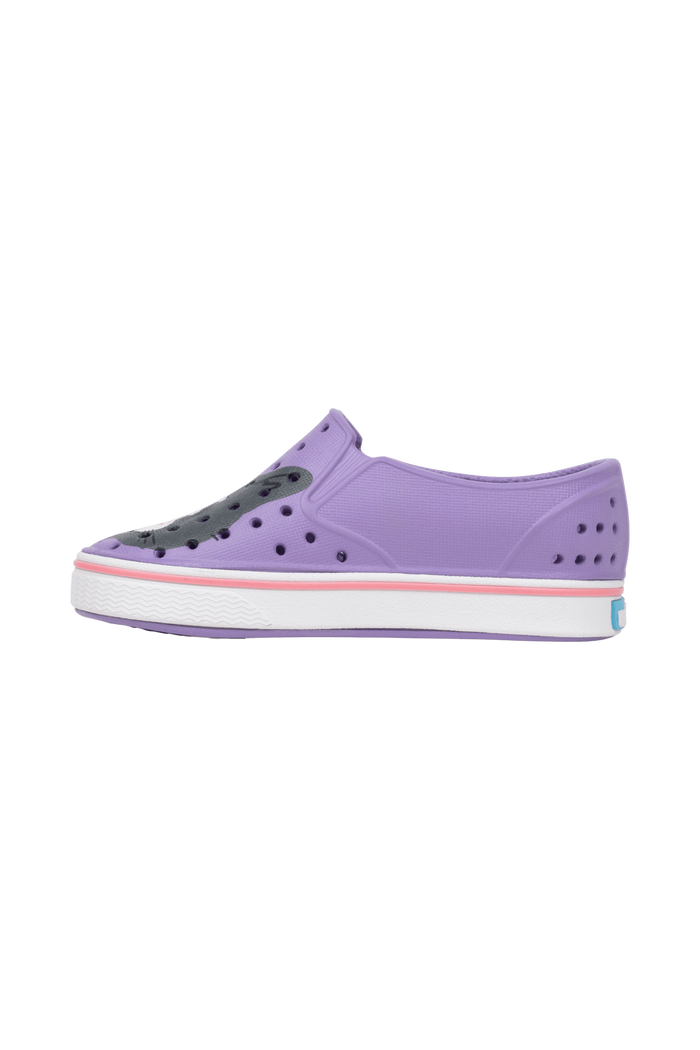Angled view of a Native Shoes Kids Miles Block Kids | Taro Samba Bling / Shell White Footwear in Taro Samba Bling / Shell White