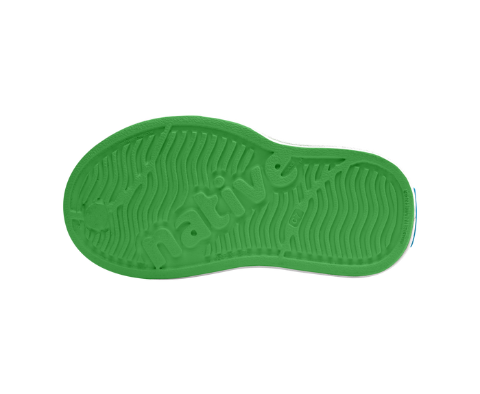 Bottom view of a Native Shoes Kids Miles Block Kids | Hilly Green / Shell White / Uv Freesia Block Footwear in Hilly Green / Shell White / Uv Freesia Block