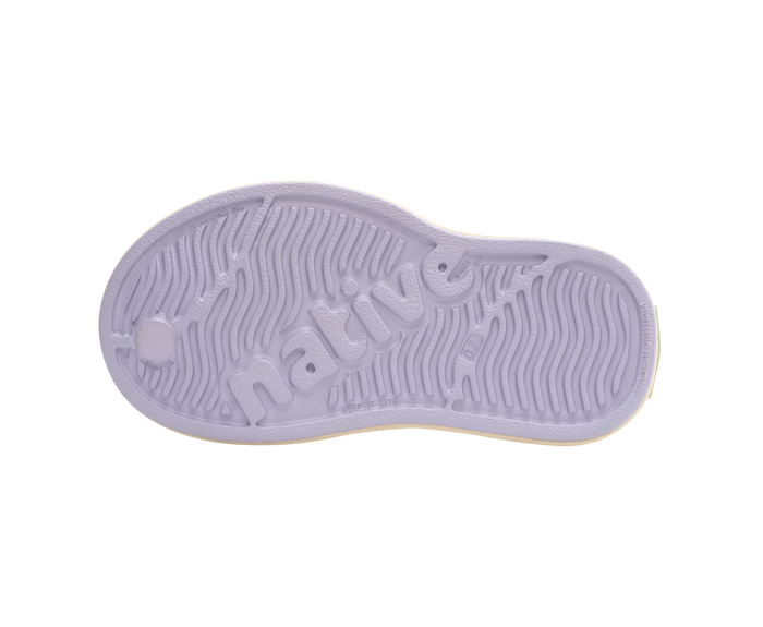 Bottom view of a Native Shoes Kids Miles Bloom Print Kids | Future Purple / Bone White / Ink Wiggle Stripe Footwear in Future Purple / Bone White / Ink Wiggle Stripe