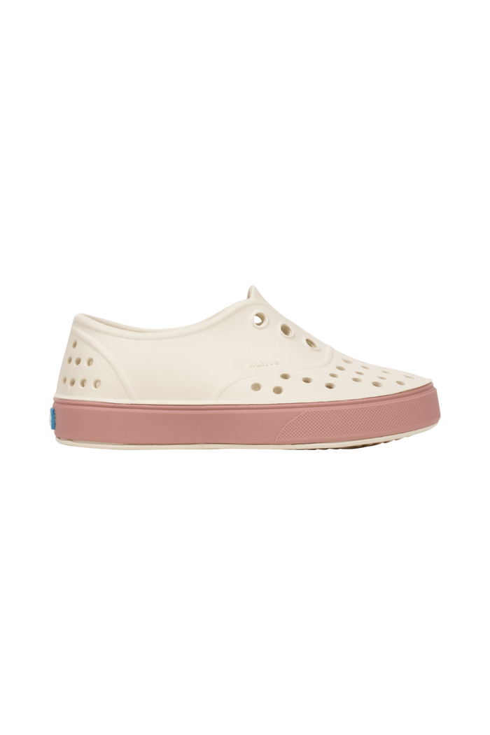 Side view of a Native Shoes Kids Miller Kids Footwear in Bnwht/Caypnk