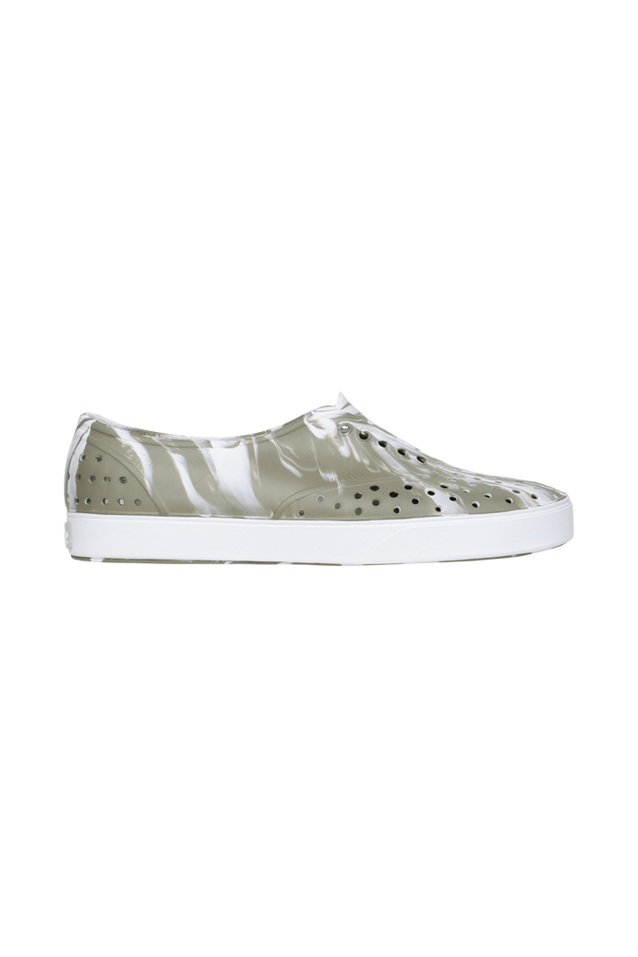 Side view of a Native Shoes Adults Miller Wanderfoam Marbled Footwear in Vetshlmarble/Shlwht