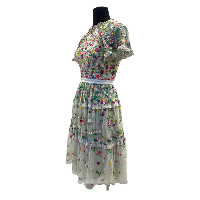 Needle and Thread Lazy Daisy Embroidered Grey Floral Dress EU 36