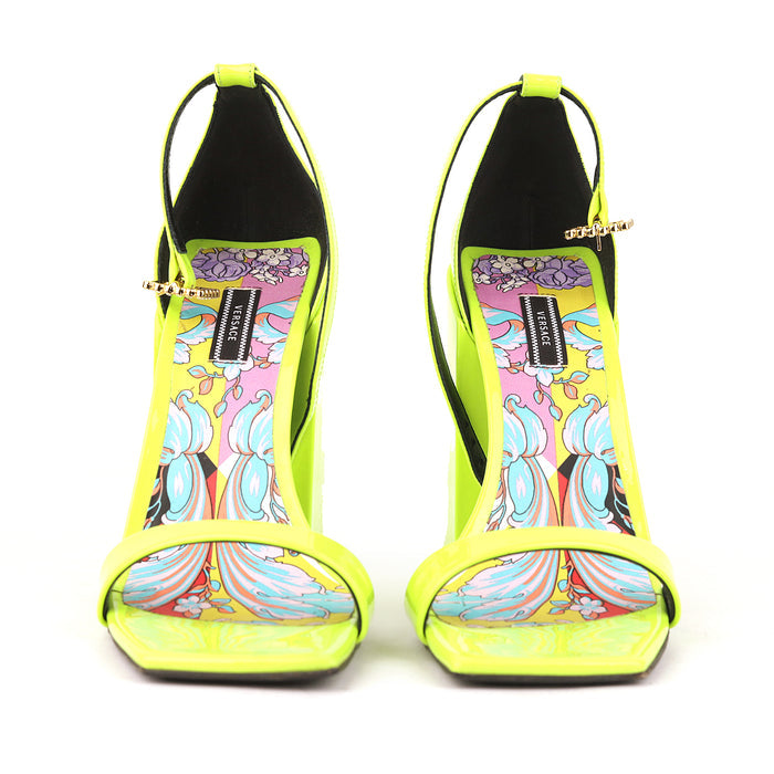 Versace Patent Leather Block-heel Sandals In Neon Yellow - Size EU 38.5