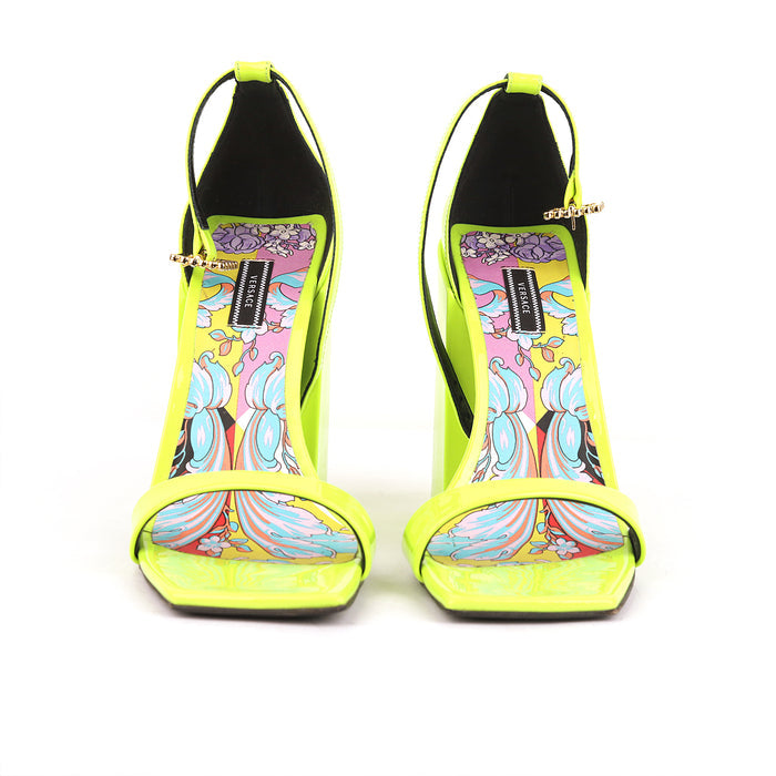 Versace Patent Leather Block-heel Sandals In Neon Yellow - Size EU 38.5