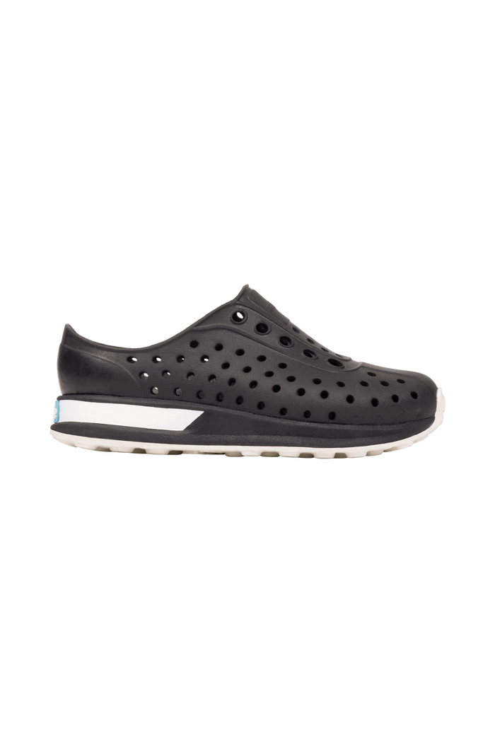 Side view of a Native Shoes Kids Robbie Block Kids Footwear in Jfyblk/Jfyblk/Shlwht/Shlspckrb