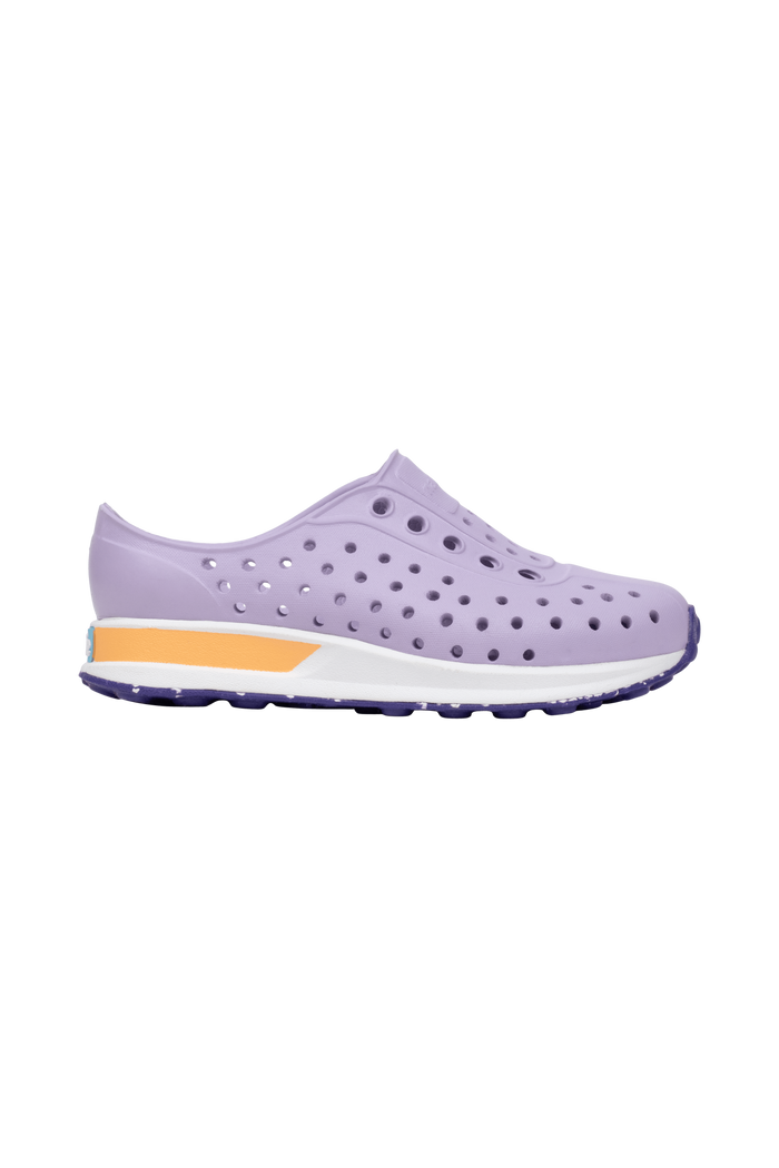 Side view of a Native Shoes Kids Robbie Block Kids Footwear in Troprp/Bnwht/Parapnk/Glmspckrb