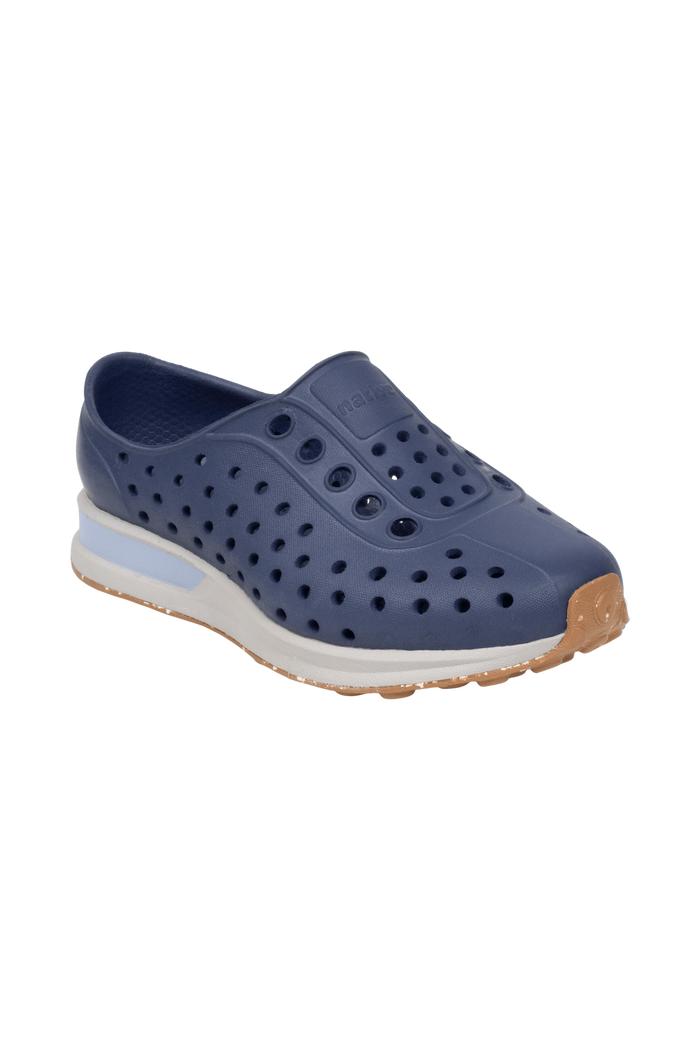 Bottom view of a Native Shoes Kids Robbie Block Kids | Rgtabl/Slkgry/Kingr/Uvspckrb Footwear in Rgtabl/Slkgry/Kingr/Uvspckrb