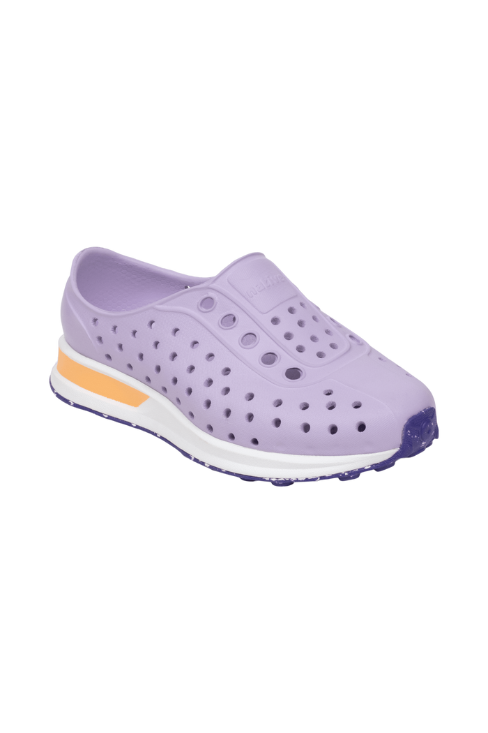 Bottom view of a Native Shoes Kids Robbie Block Kids | Troprp/Bnwht/Parapnk/Glmspckrb Footwear in Troprp/Bnwht/Parapnk/Glmspckrb