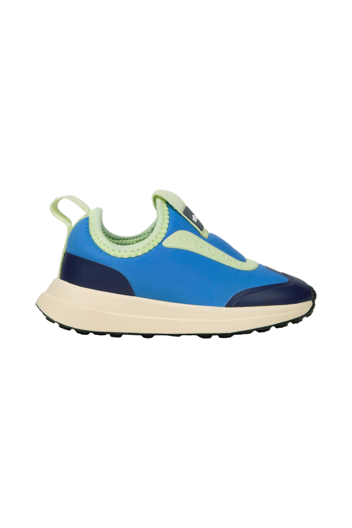 Side view of a Native Shoes Kids Robbie Dash Kids Footwear in Megamarine Blue / Tapioca Off White / Jiffy Black