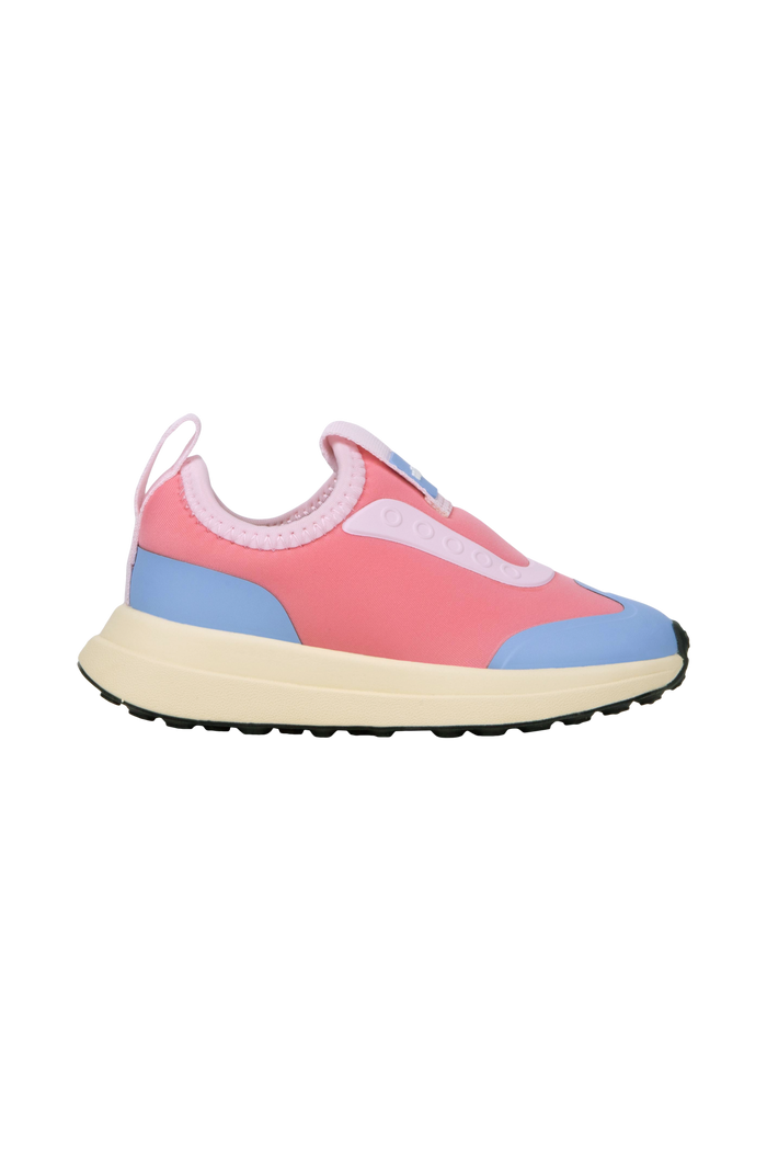 Side view of a Native Shoes Kids Robbie Dash Kids Footwear in Flamingo Pink / Tapioca Off White / Jiffy Black
