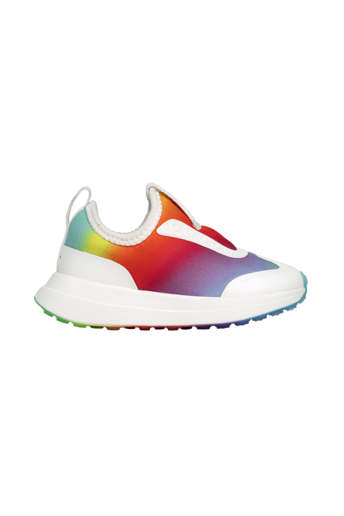 Side view of a Native Shoes Kids Robbie Dash Print Kids Footwear in Shell White / Shell White / Rainbow