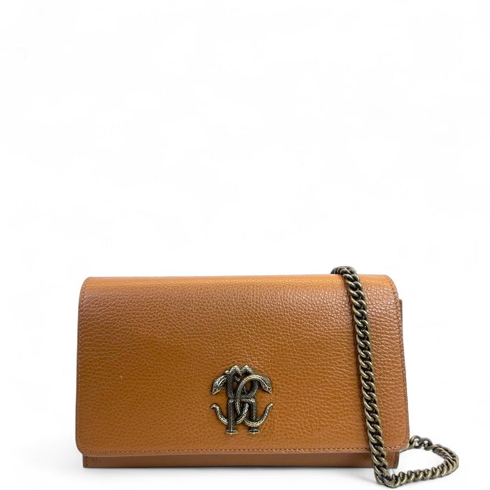 Roberto Cavalli RC Monogram Flap Chain Bag Brown Leather