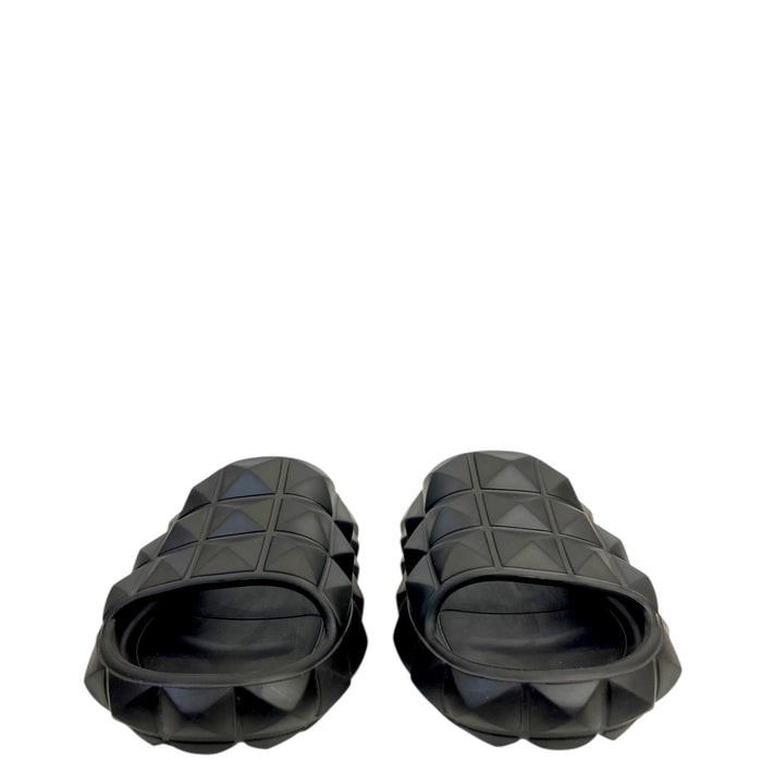 Valentino Roman Stud Turtle Flat Black Rubber Slides EU 38
