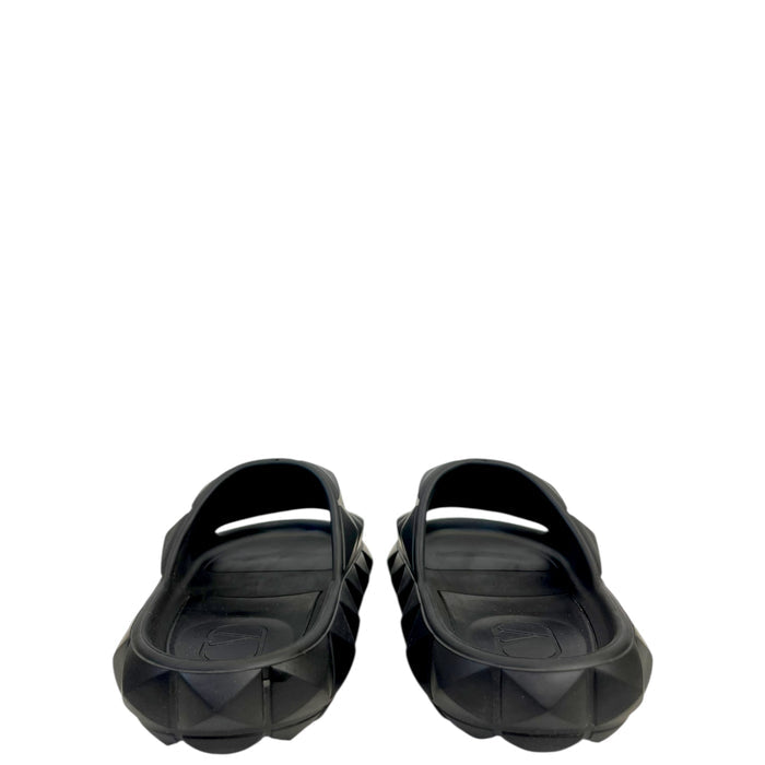 Valentino Roman Stud Turtle Flat Black Rubber Slides EU 38