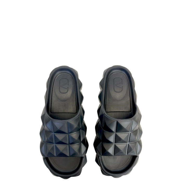 Valentino Roman Stud Turtle Flat Black Rubber Slides EU 38