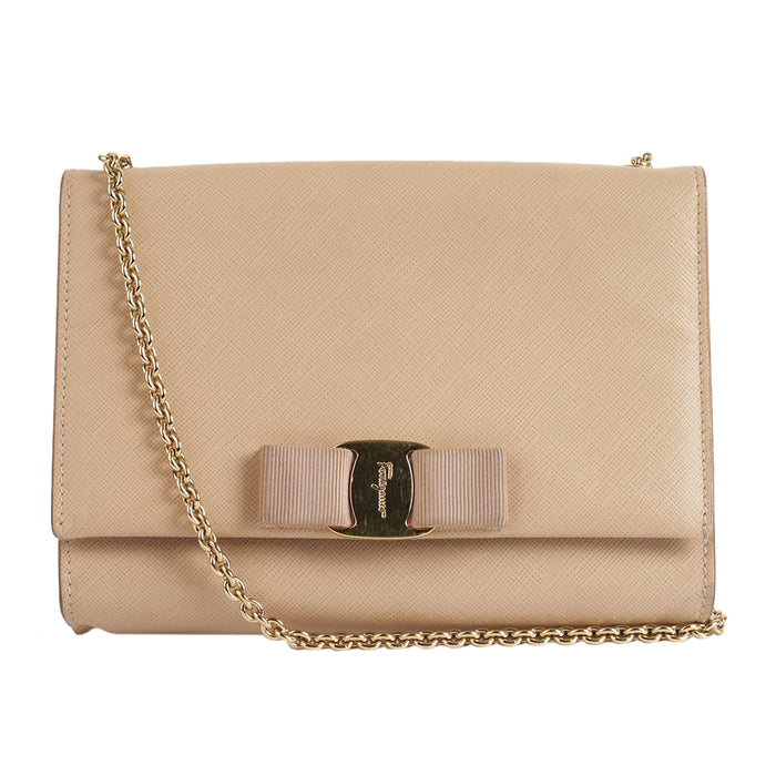 Salvatore Ferragamo Beige Miss Vara  Bow Textured  Leather Cross Body Bag