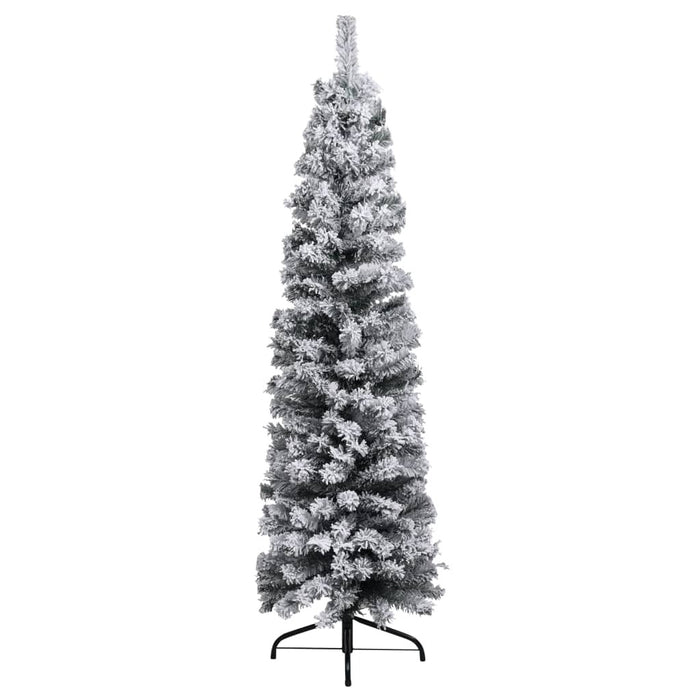 Slim Artificial Christmas Tree PVC Flocked Snow Steel Stand 150cm Green