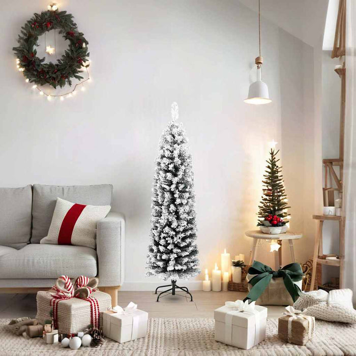 Slim Artificial Christmas Tree PVC Flocked Snow Steel Stand 150cm Green