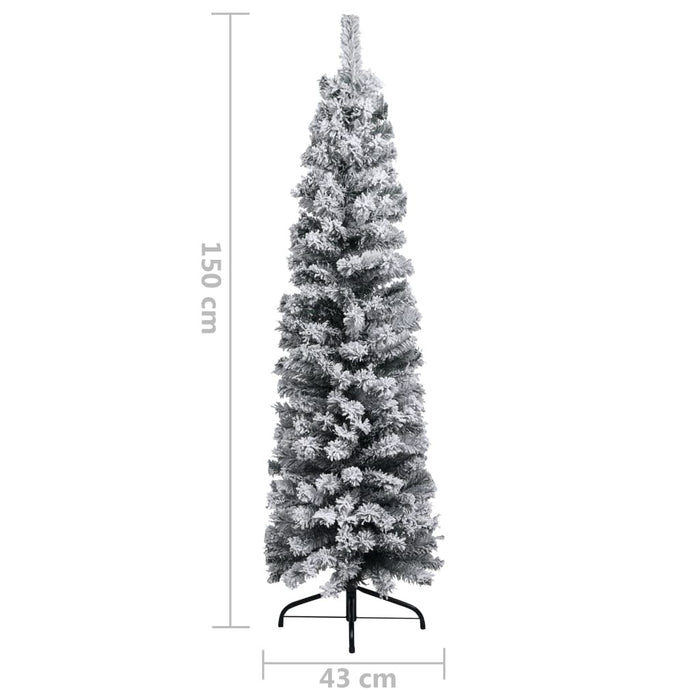 Slim Artificial Christmas Tree PVC Flocked Snow Steel Stand 150cm Green