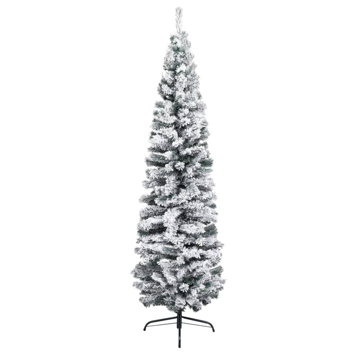 Slim Artificial Christmas Tree PVC Flocked Snow Steel Stand 180cm Green