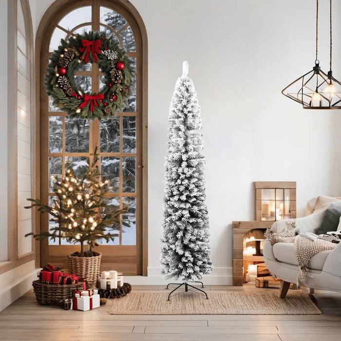 Slim Artificial Christmas Tree PVC Flocked Snow Steel Stand 180cm Green