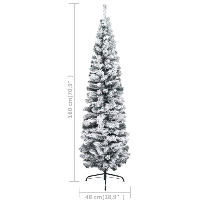 Slim Artificial Christmas Tree PVC Flocked Snow Steel Stand 180cm Green