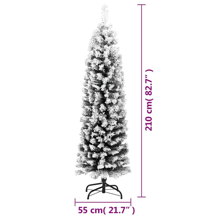 Slim Artificial Christmas Tree PVC Flocked Snow Steel Stand 210cm Green