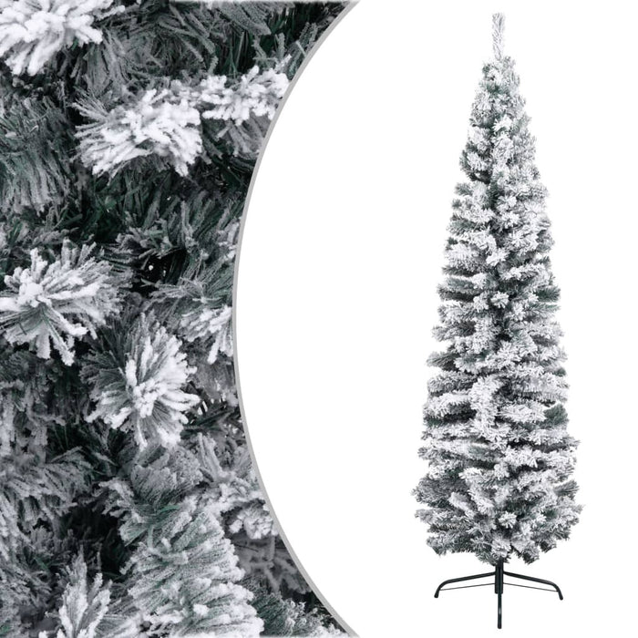 Slim Artificial Christmas Tree PVC Flocked Snow Steel Stand 210cm Green
