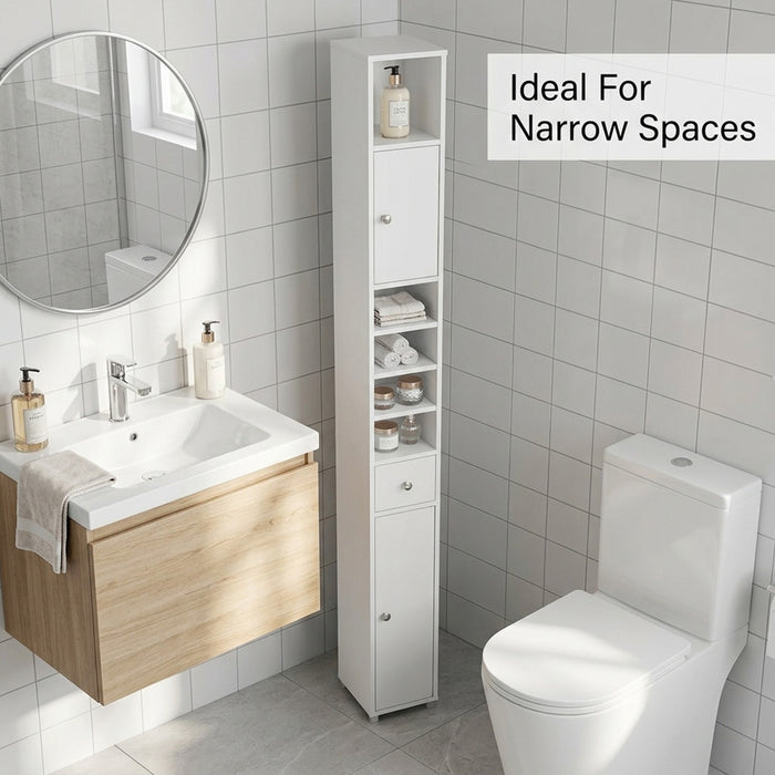 Slim Bathroom Tall Cabinet with 2 Doors 1 Drawer 5 Shelves Furniture White