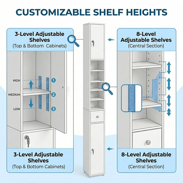 Slim Bathroom Tall Cabinet with 2 Doors 1 Drawer 5 Shelves Furniture White