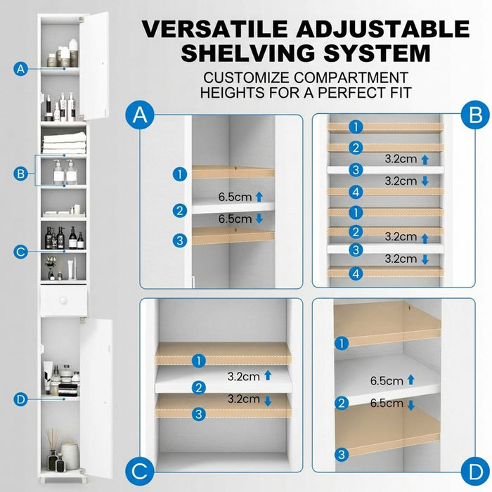 Slim Bathroom Tall Cabinet with 2 Doors 1 Drawer 5 Shelves Furniture White