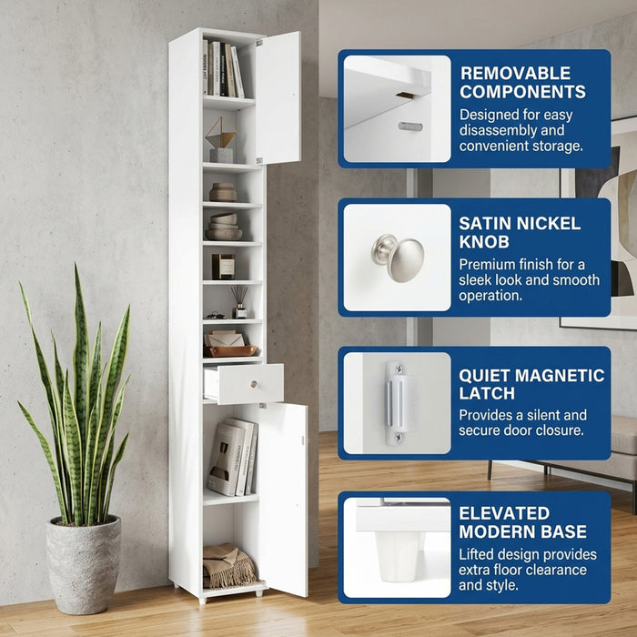 Slim Bathroom Tall Cabinet with 2 Doors 1 Drawer 5 Shelves Furniture White